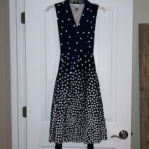Navy blue dress with white polka dots